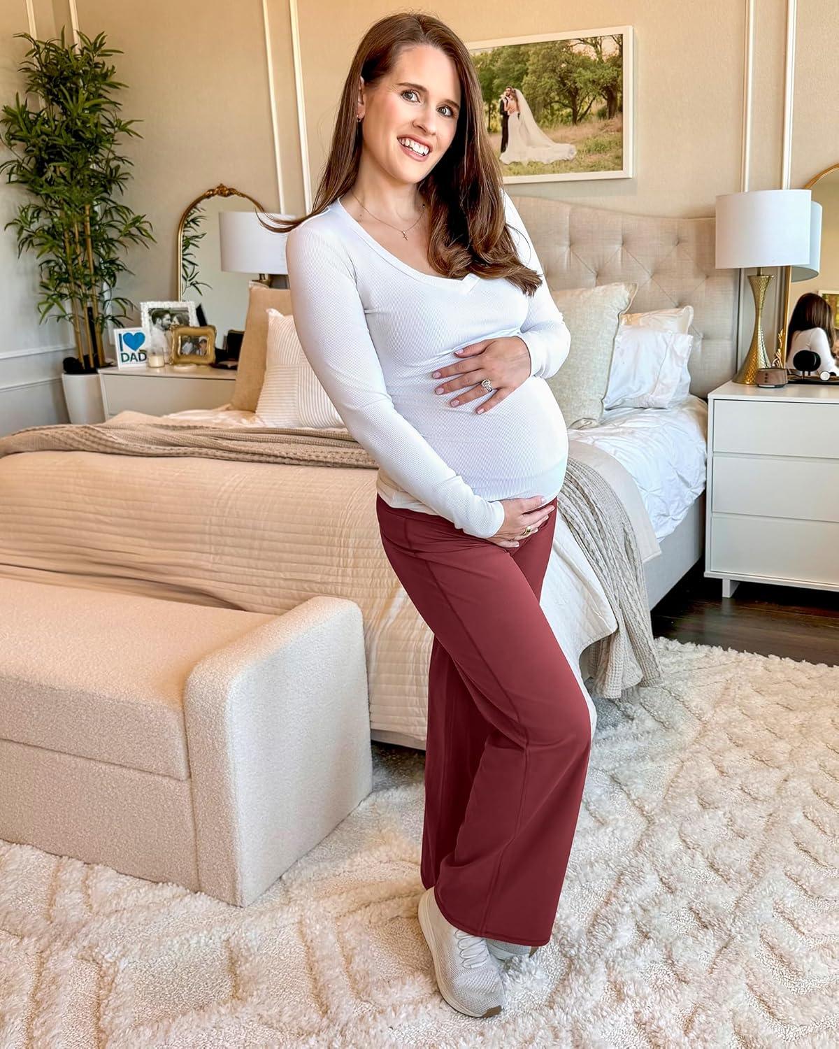 imageG4Free BareFeel Maternity Dress Yoga Pants Over The Belly Stretchy Work Slack Pregnancy Wide Leg Lounge TrousersDark Burgundy
