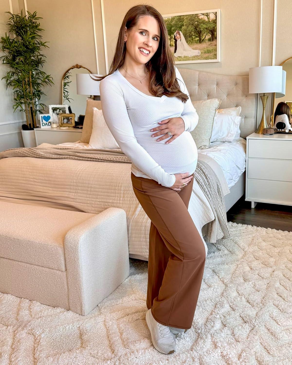 imageG4Free BareFeel Maternity Dress Yoga Pants Over The Belly Stretchy Work Slack Pregnancy Wide Leg Lounge TrousersDark Coffee