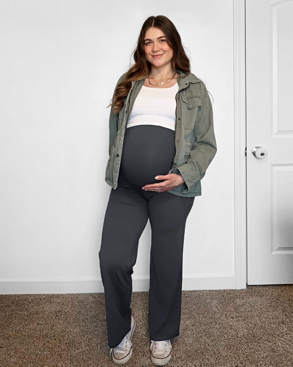 imageG4Free BareFeel Maternity Dress Yoga Pants Over The Belly Stretchy Work Slack Pregnancy Wide Leg Lounge TrousersDark Gray