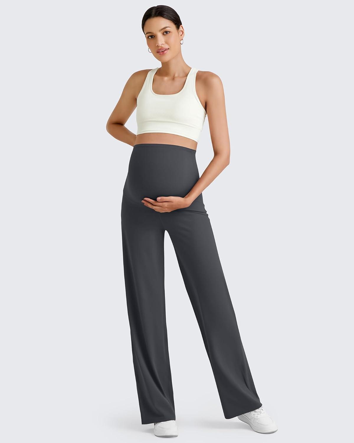 imageG4Free BareFeel Maternity Dress Yoga Pants Over The Belly Stretchy Work Slack Pregnancy Wide Leg Lounge TrousersDark Gray