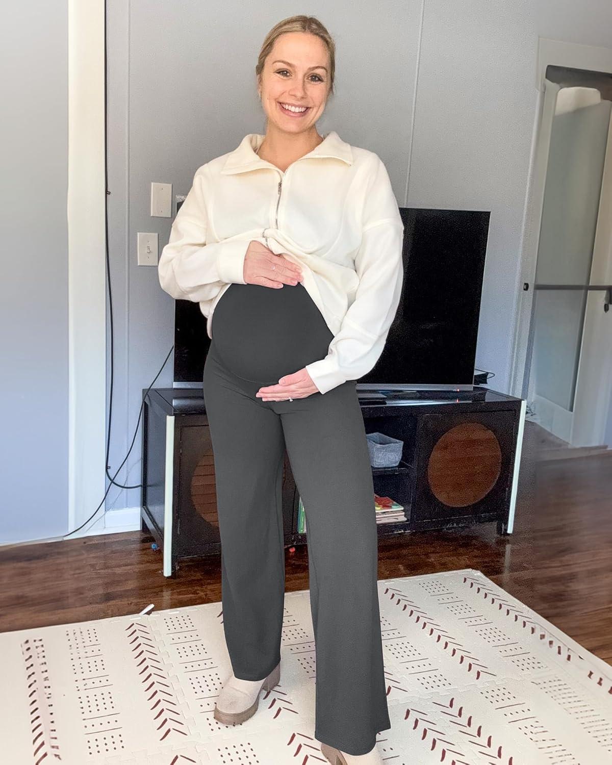 imageG4Free BareFeel Maternity Dress Yoga Pants Over The Belly Stretchy Work Slack Pregnancy Wide Leg Lounge TrousersDark Gray