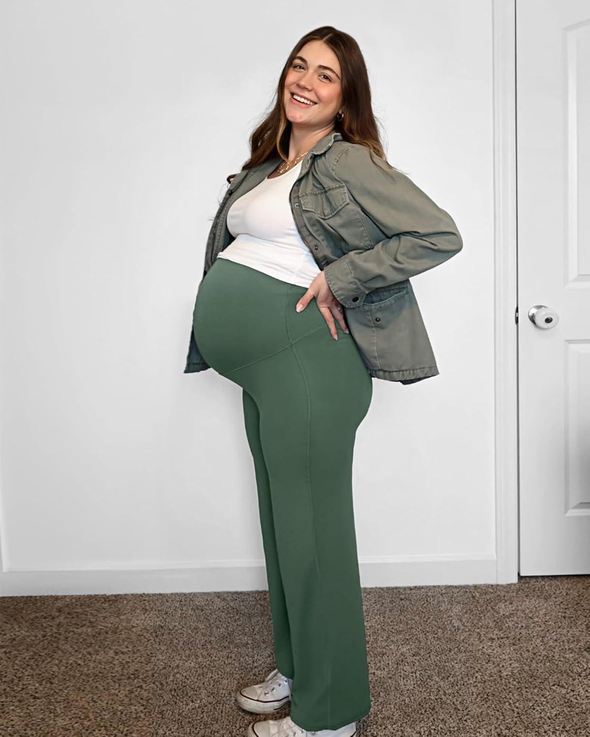 imageG4Free BareFeel Maternity Dress Yoga Pants Over The Belly Stretchy Work Slack Pregnancy Wide Leg Lounge TrousersGray Sage