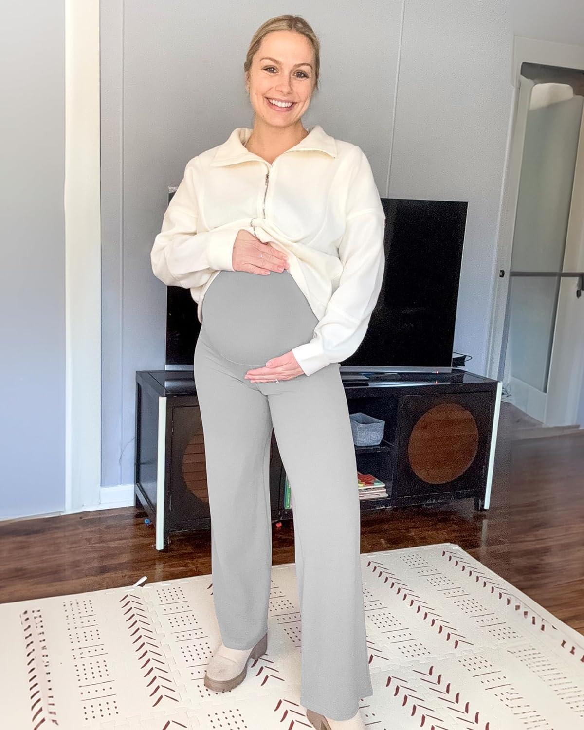 imageG4Free BareFeel Maternity Dress Yoga Pants Over The Belly Stretchy Work Slack Pregnancy Wide Leg Lounge TrousersLight Gray
