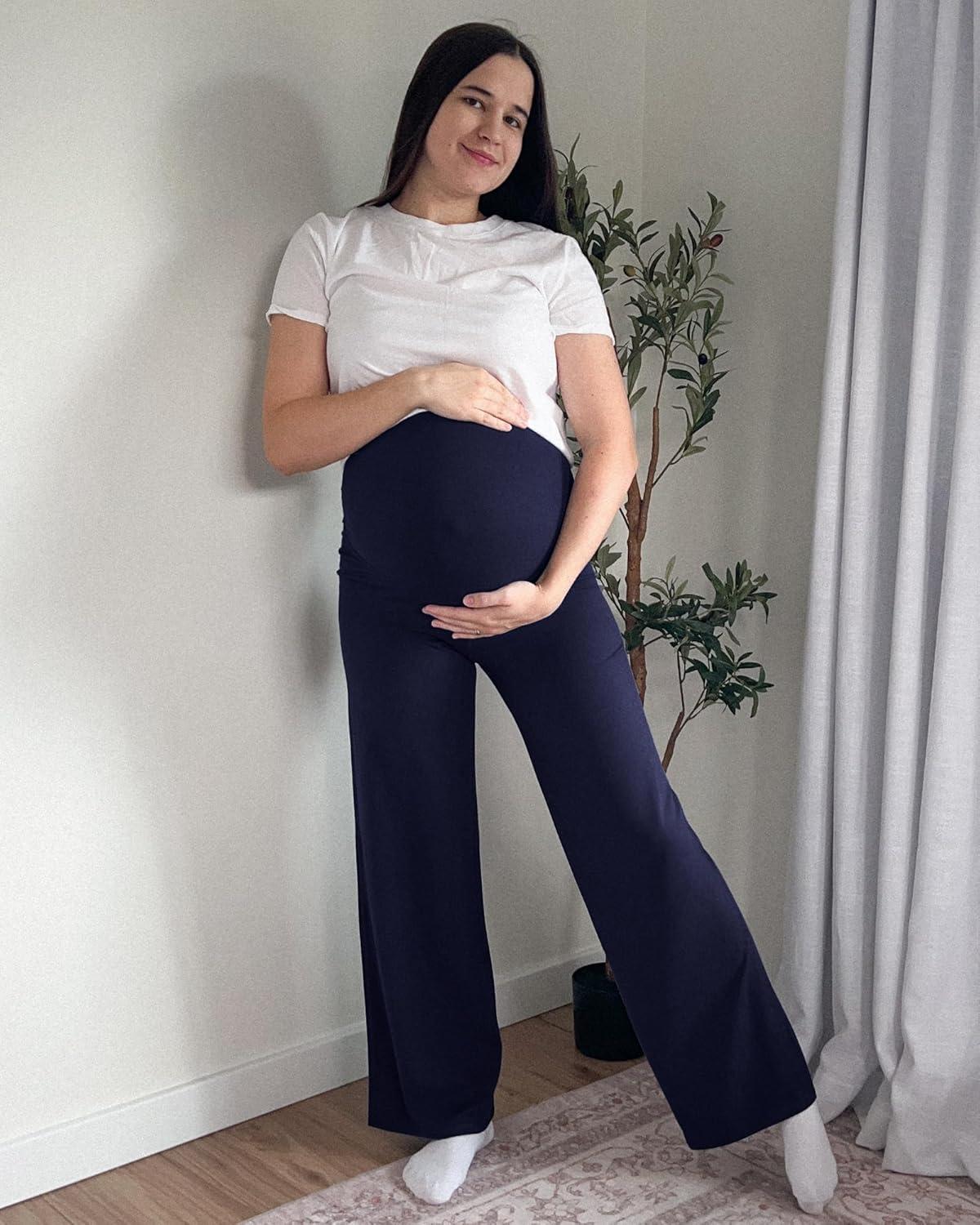 imageG4Free BareFeel Maternity Dress Yoga Pants Over The Belly Stretchy Work Slack Pregnancy Wide Leg Lounge TrousersRoyal Blue
