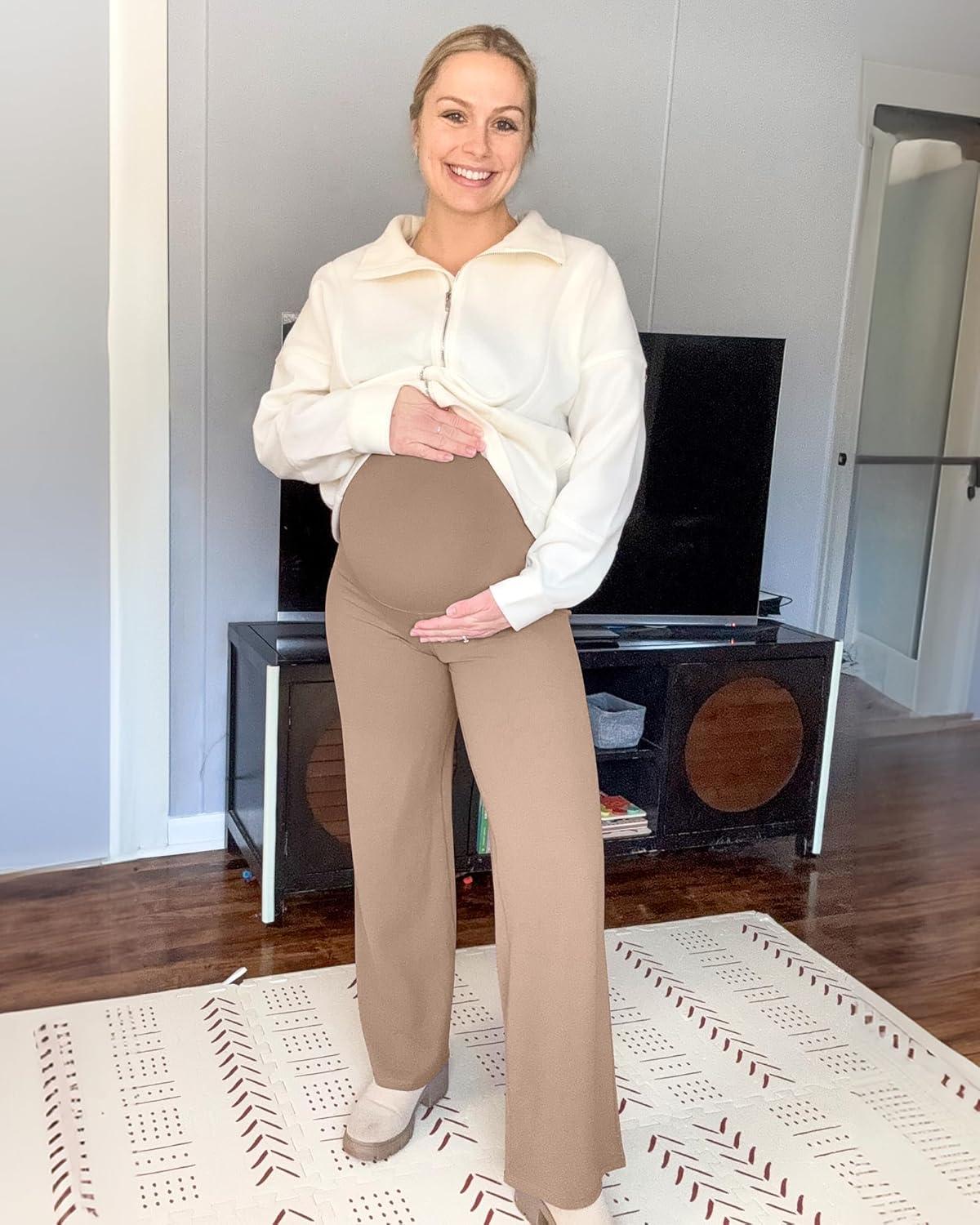 imageG4Free BareFeel Maternity Dress Yoga Pants Over The Belly Stretchy Work Slack Pregnancy Wide Leg Lounge TrousersToffee