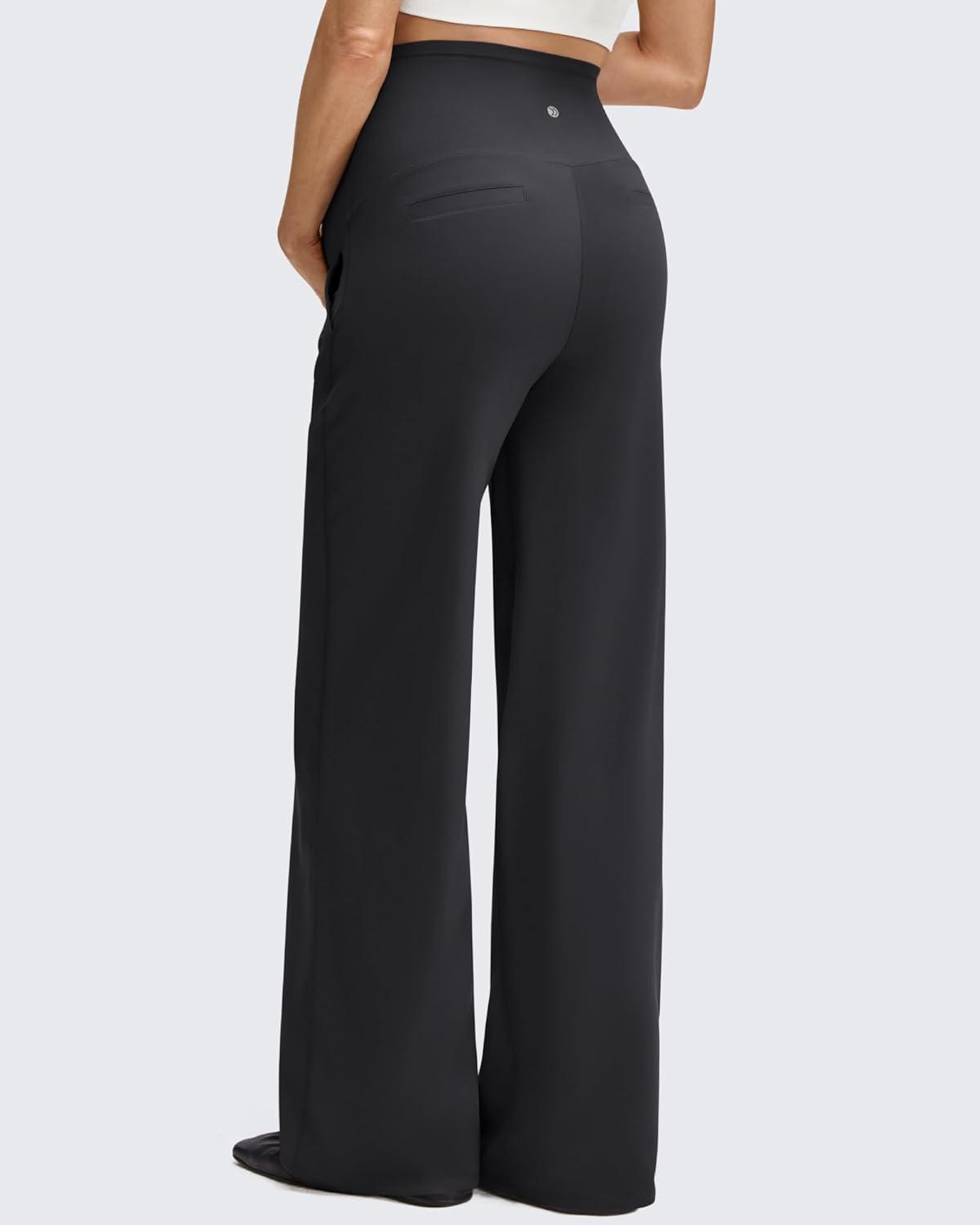 imageG4Free BareFeel Maternity Dress Yoga Pants with Pockets Over The Belly Stretchy Work Slack Pregnancy Wide Leg Casual TrousersBlack