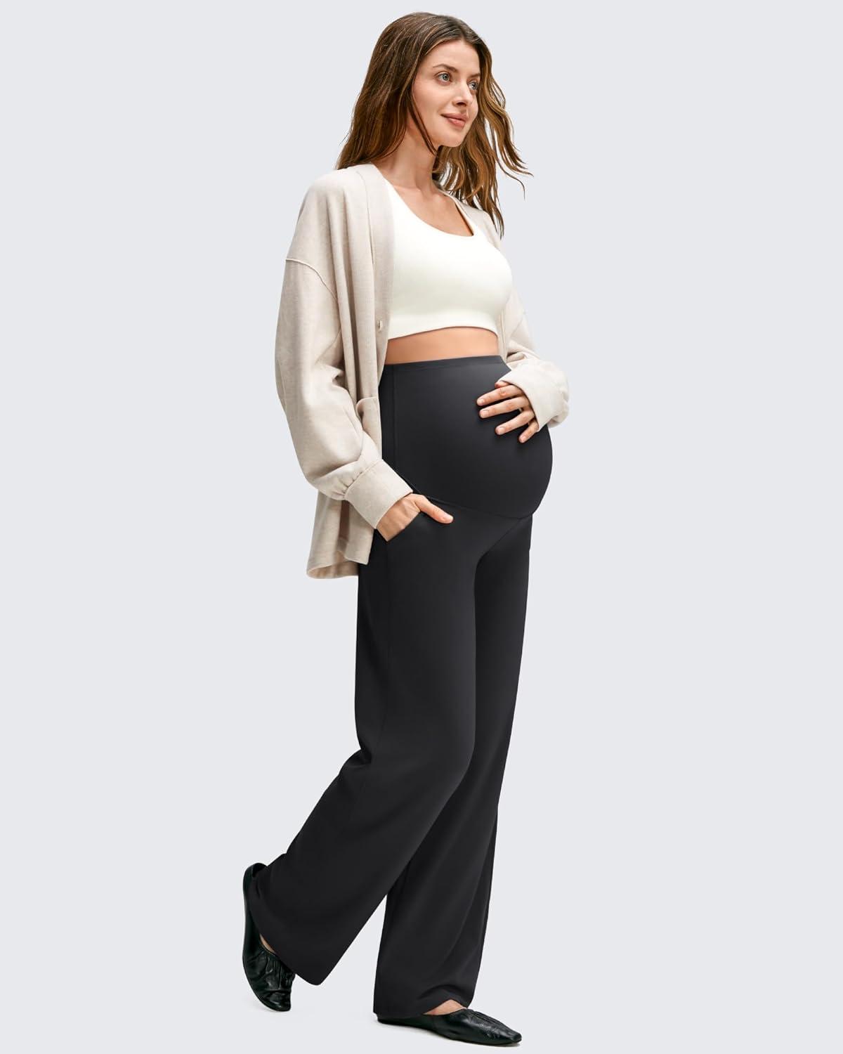 imageG4Free BareFeel Maternity Dress Yoga Pants with Pockets Over The Belly Stretchy Work Slack Pregnancy Wide Leg Casual TrousersBlack