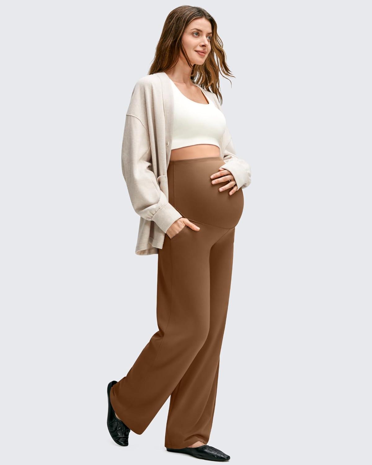 imageG4Free BareFeel Maternity Dress Yoga Pants with Pockets Over The Belly Stretchy Work Slack Pregnancy Wide Leg Casual TrousersDark Coffee