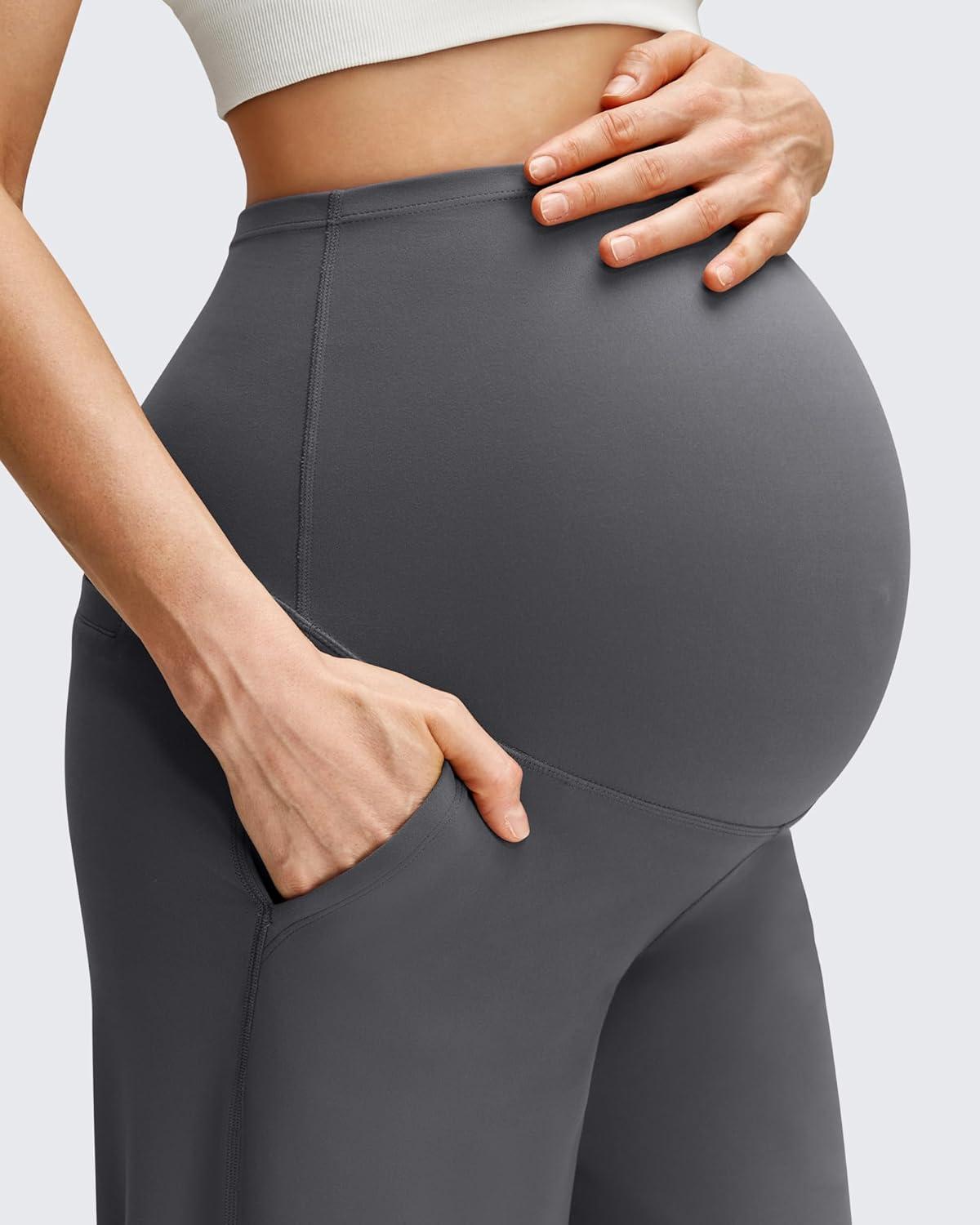 imageG4Free BareFeel Maternity Dress Yoga Pants with Pockets Over The Belly Stretchy Work Slack Pregnancy Wide Leg Casual TrousersDark Gray