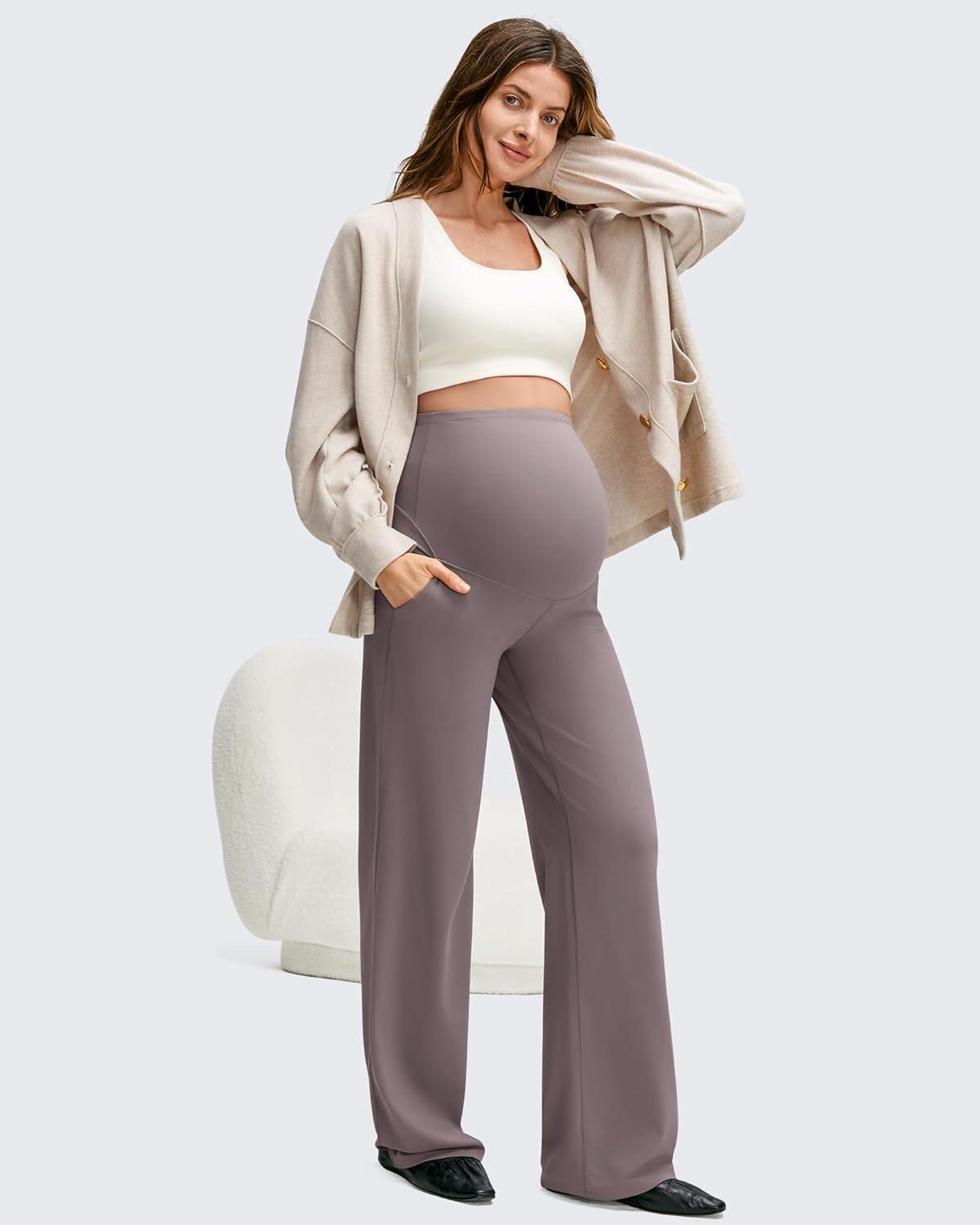 imageG4Free BareFeel Maternity Dress Yoga Pants with Pockets Over The Belly Stretchy Work Slack Pregnancy Wide Leg Casual TrousersTaupe