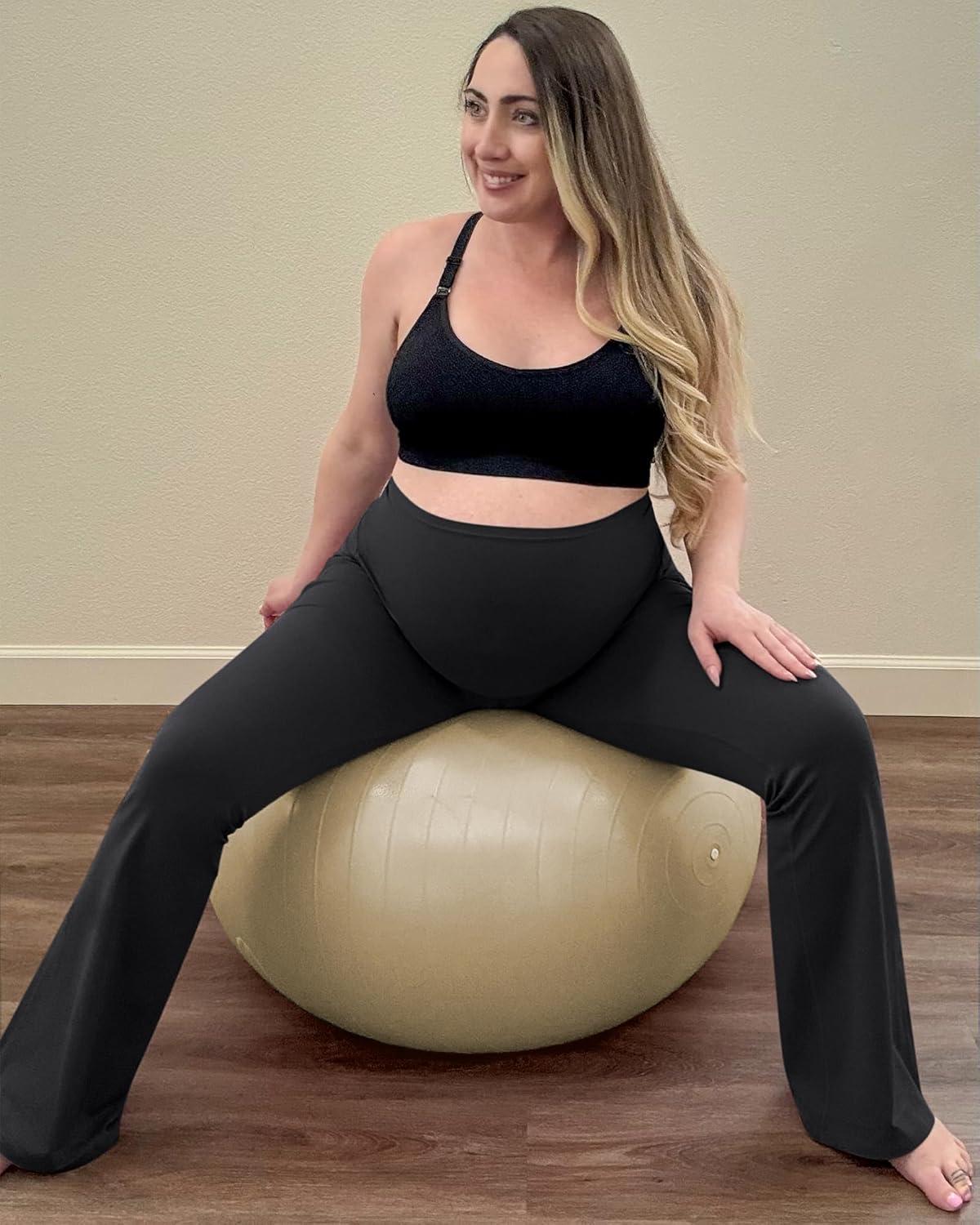 imageG4Free BareFeel Maternity Flare Leggings with Pockets Over The Belly Stretchy Casual Lounge Pregnancy Dress Pants for WorkBlack