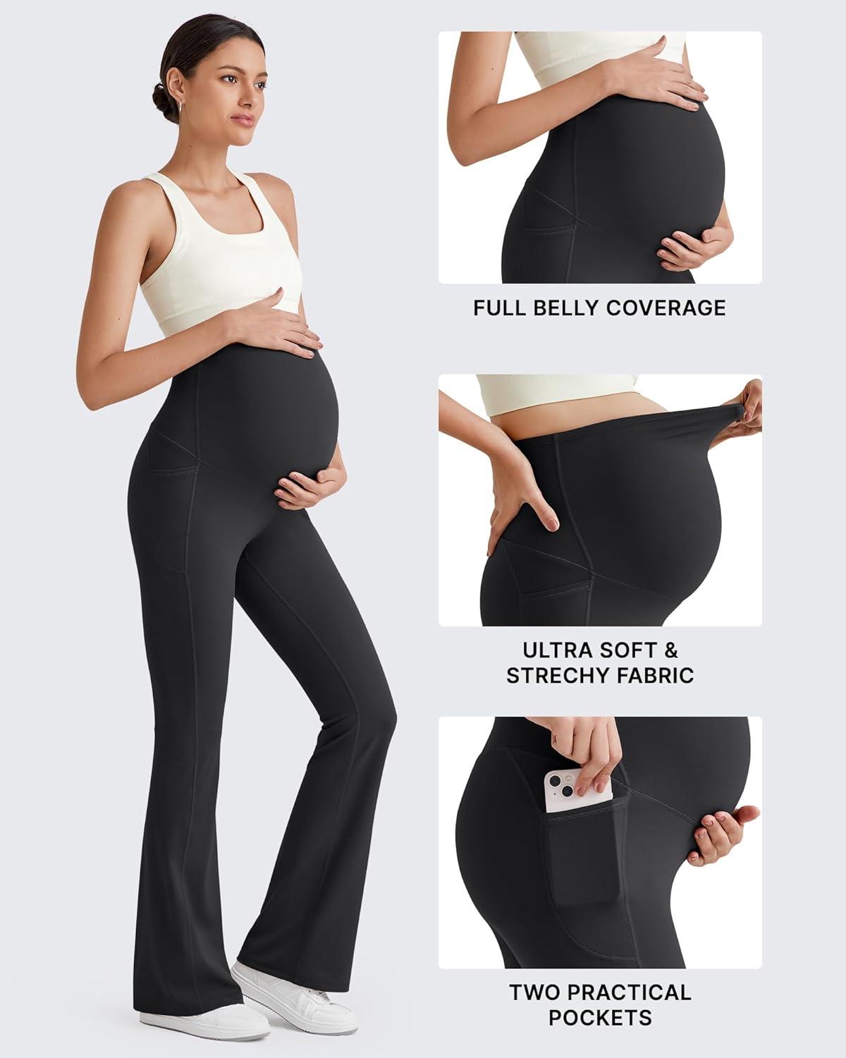 imageG4Free BareFeel Maternity Flare Leggings with Pockets Over The Belly Stretchy Casual Lounge Pregnancy Dress Pants for WorkBlack