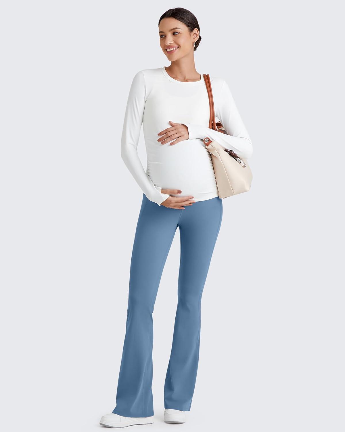 imageG4Free BareFeel Maternity Flare Leggings with Pockets Over The Belly Stretchy Casual Lounge Pregnancy Dress Pants for WorkBlue Gray