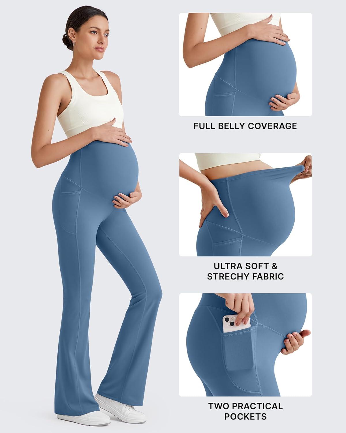 imageG4Free BareFeel Maternity Flare Leggings with Pockets Over The Belly Stretchy Casual Lounge Pregnancy Dress Pants for WorkBlue Gray