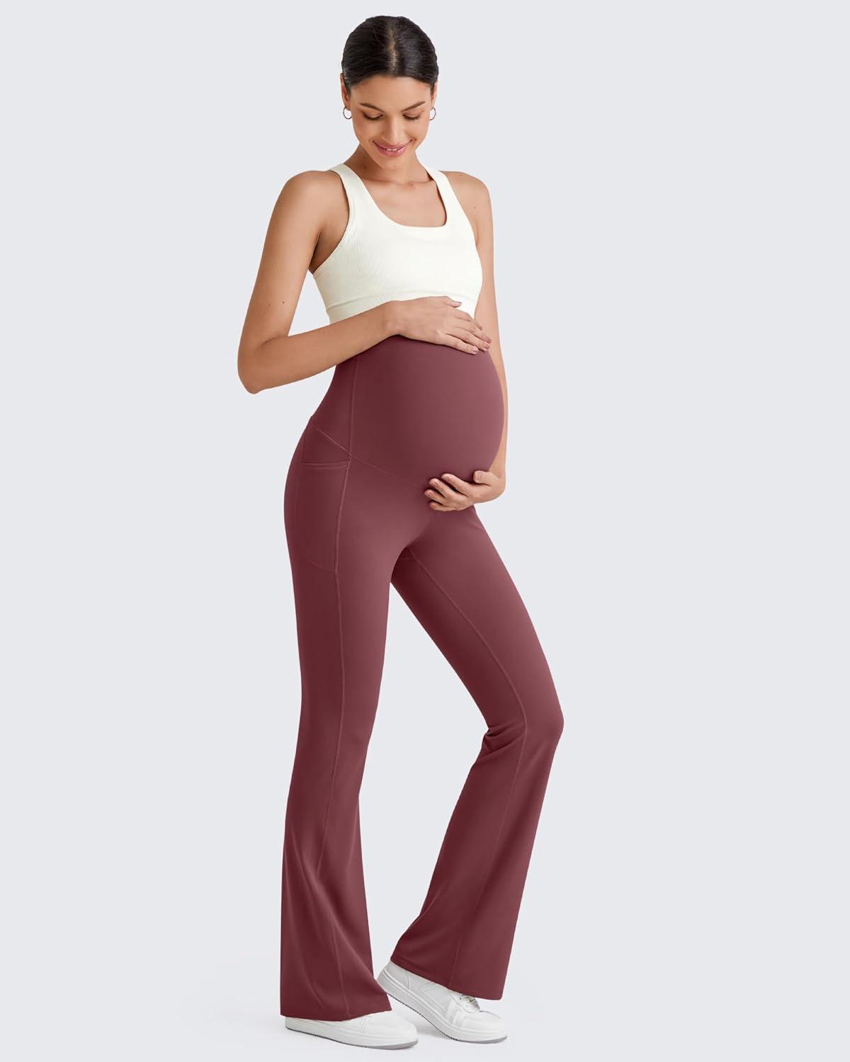 imageG4Free BareFeel Maternity Flare Leggings with Pockets Over The Belly Stretchy Casual Lounge Pregnancy Dress Pants for WorkDark Burgundy