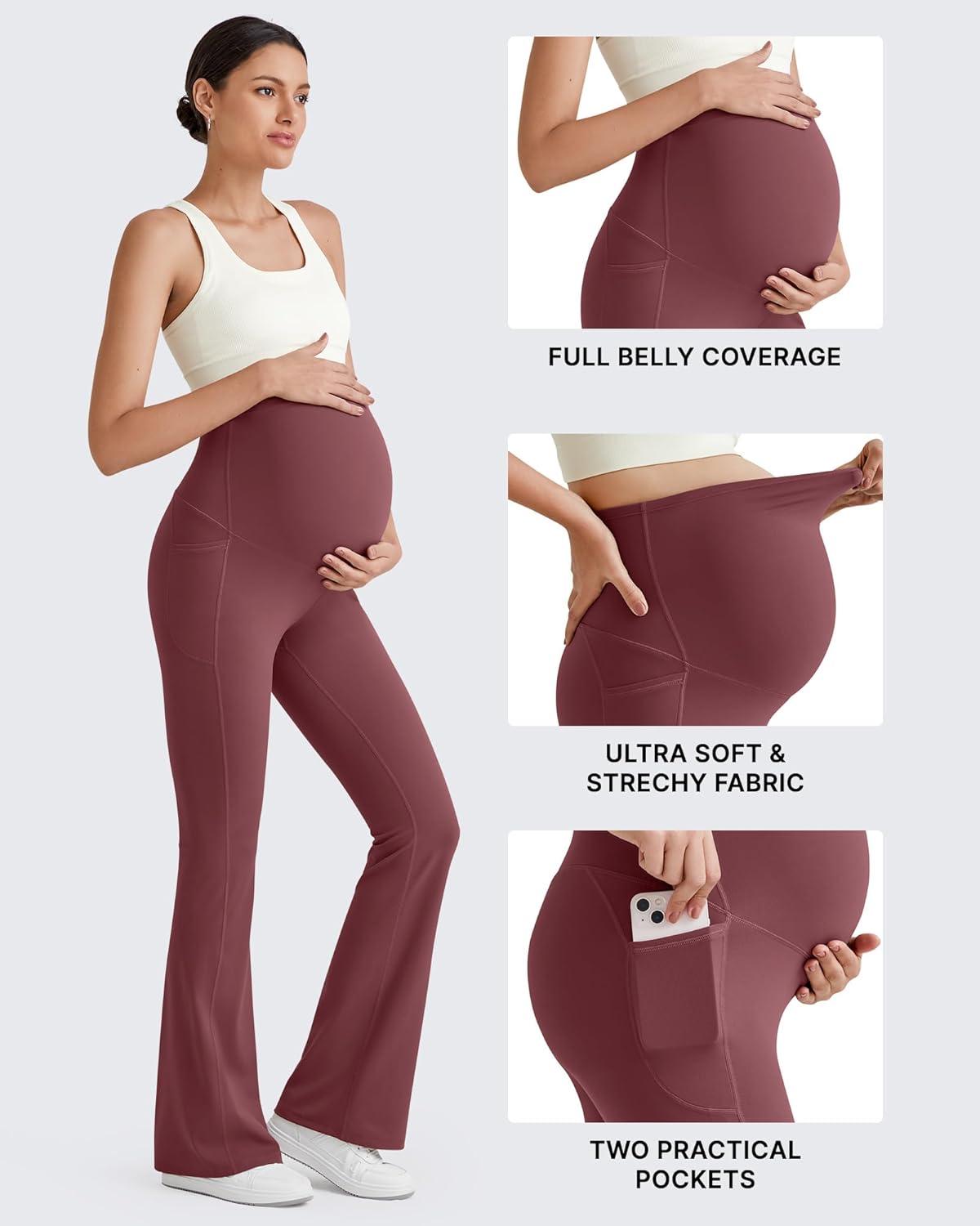 imageG4Free BareFeel Maternity Flare Leggings with Pockets Over The Belly Stretchy Casual Lounge Pregnancy Dress Pants for WorkDark Burgundy