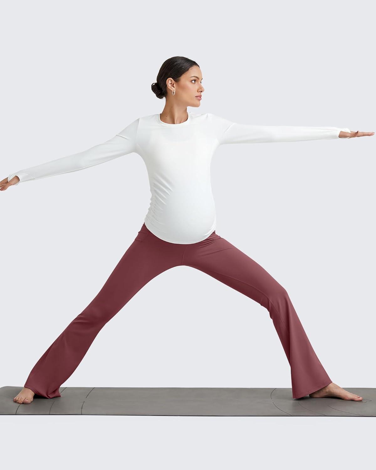 imageG4Free BareFeel Maternity Flare Leggings with Pockets Over The Belly Stretchy Casual Lounge Pregnancy Dress Pants for WorkDark Burgundy