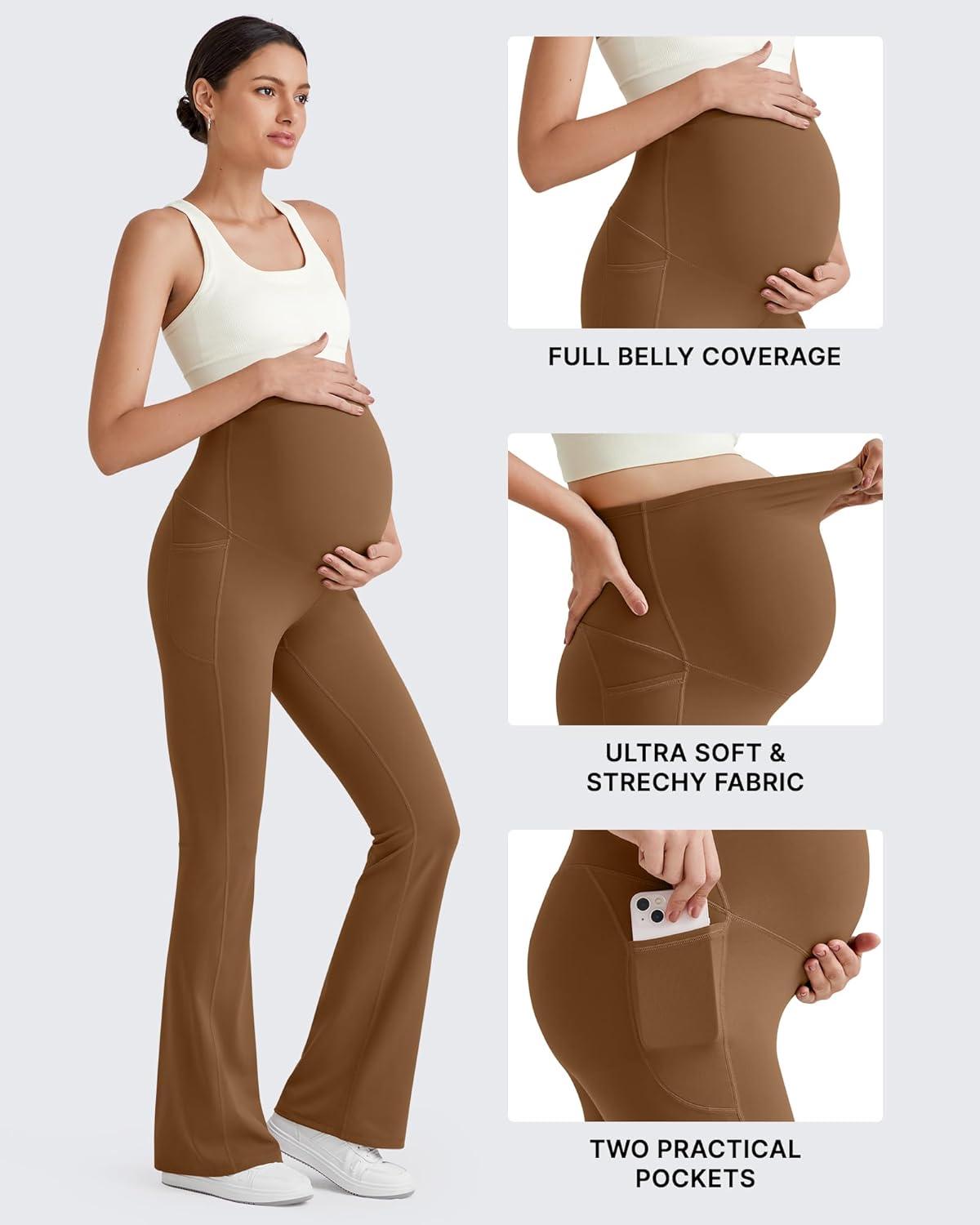 imageG4Free BareFeel Maternity Flare Leggings with Pockets Over The Belly Stretchy Casual Lounge Pregnancy Dress Pants for WorkDark Coffee