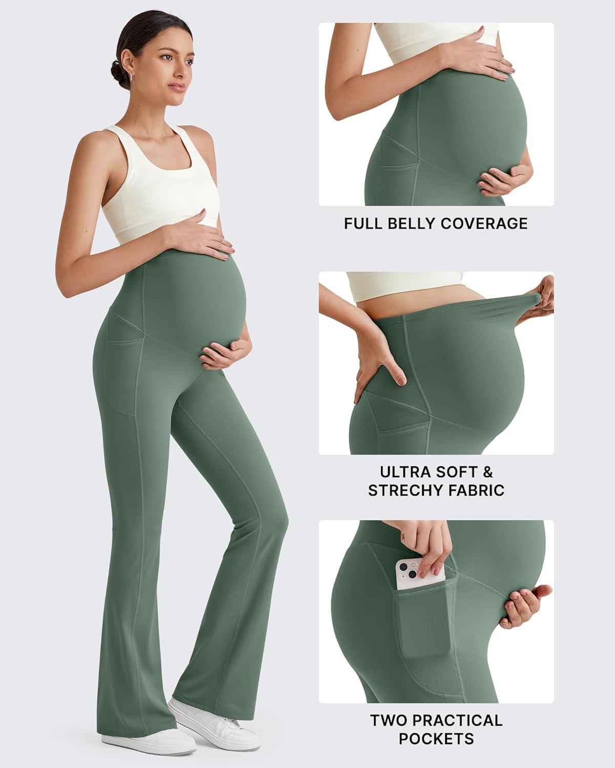imageG4Free BareFeel Maternity Flare Leggings with Pockets Over The Belly Stretchy Casual Lounge Pregnancy Dress Pants for WorkGray Sage