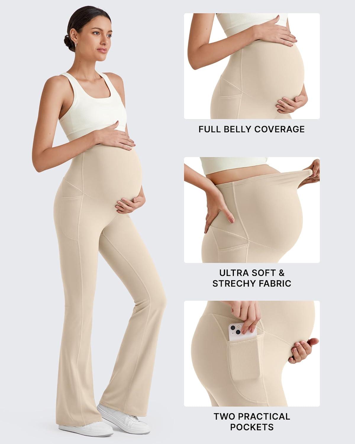 imageG4Free BareFeel Maternity Flare Leggings with Pockets Over The Belly Stretchy Casual Lounge Pregnancy Dress Pants for WorkLight Khaki
