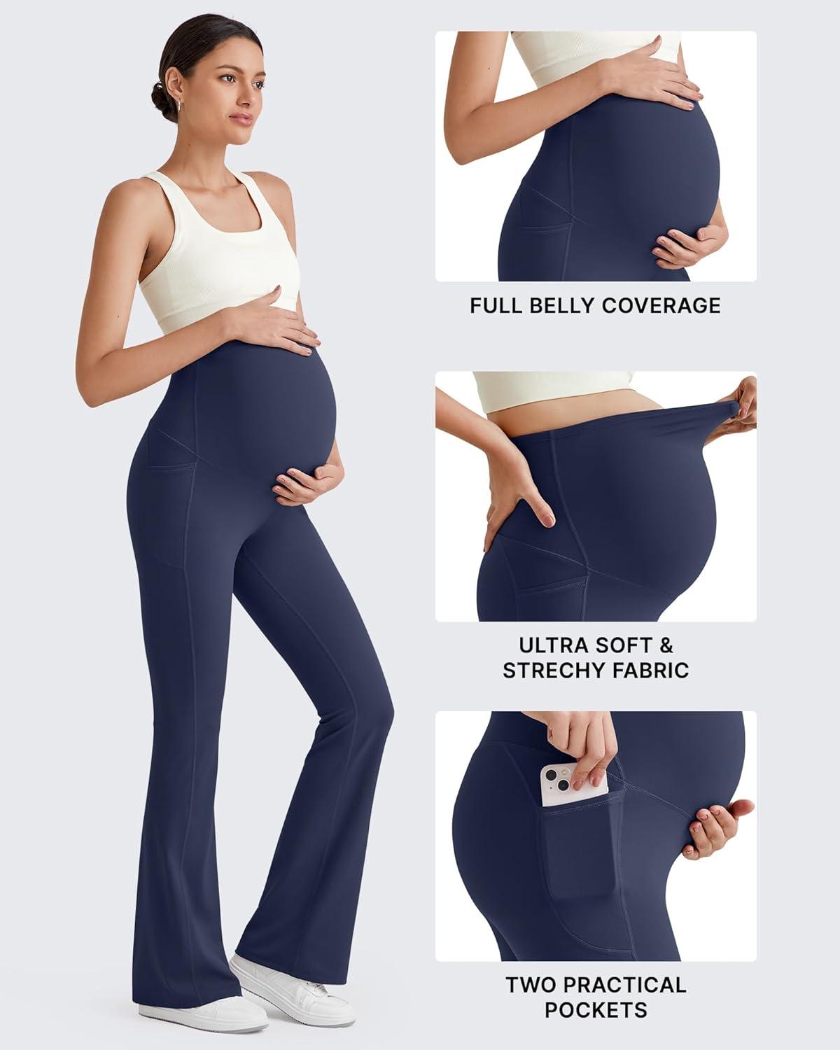 imageG4Free BareFeel Maternity Flare Leggings with Pockets Over The Belly Stretchy Casual Lounge Pregnancy Dress Pants for WorkRoyal Blue