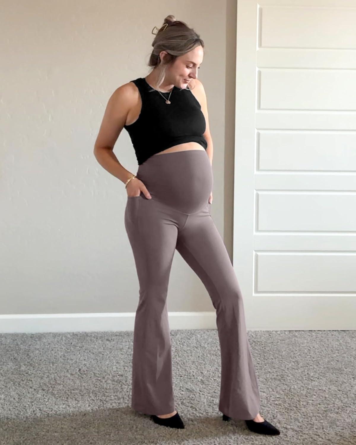imageG4Free BareFeel Maternity Flare Leggings with Pockets Over The Belly Stretchy Casual Lounge Pregnancy Dress Pants for WorkTaupe