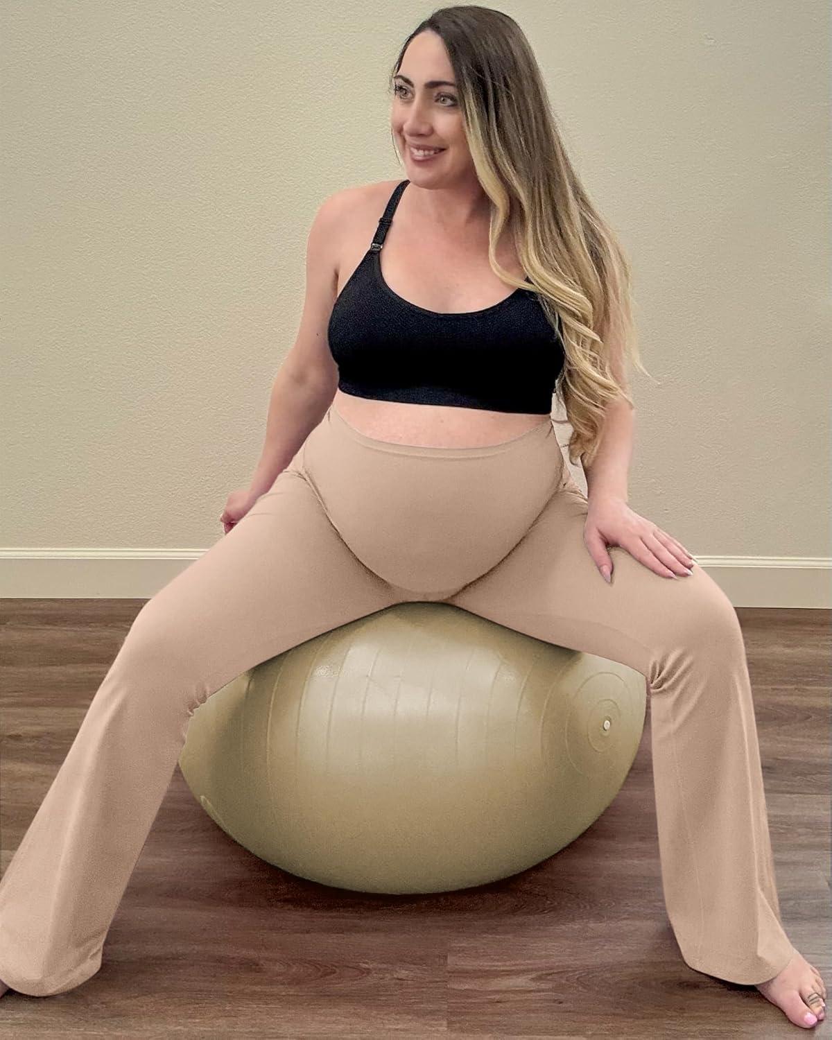 imageG4Free BareFeel Maternity Flare Leggings with Pockets Over The Belly Stretchy Casual Lounge Pregnancy Dress Pants for WorkToffee