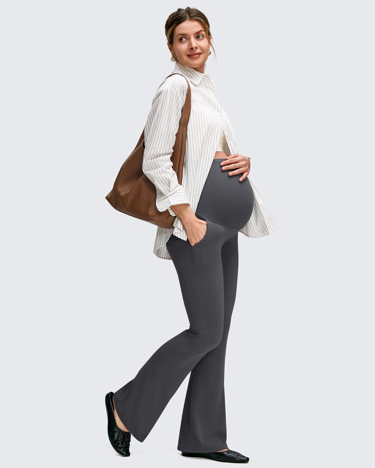 imageG4Free BareFeel Maternity Flare Leggings with Pockets Over The Belly Yoga Pregnancy Casual Dress Pants for WorkDark Gray