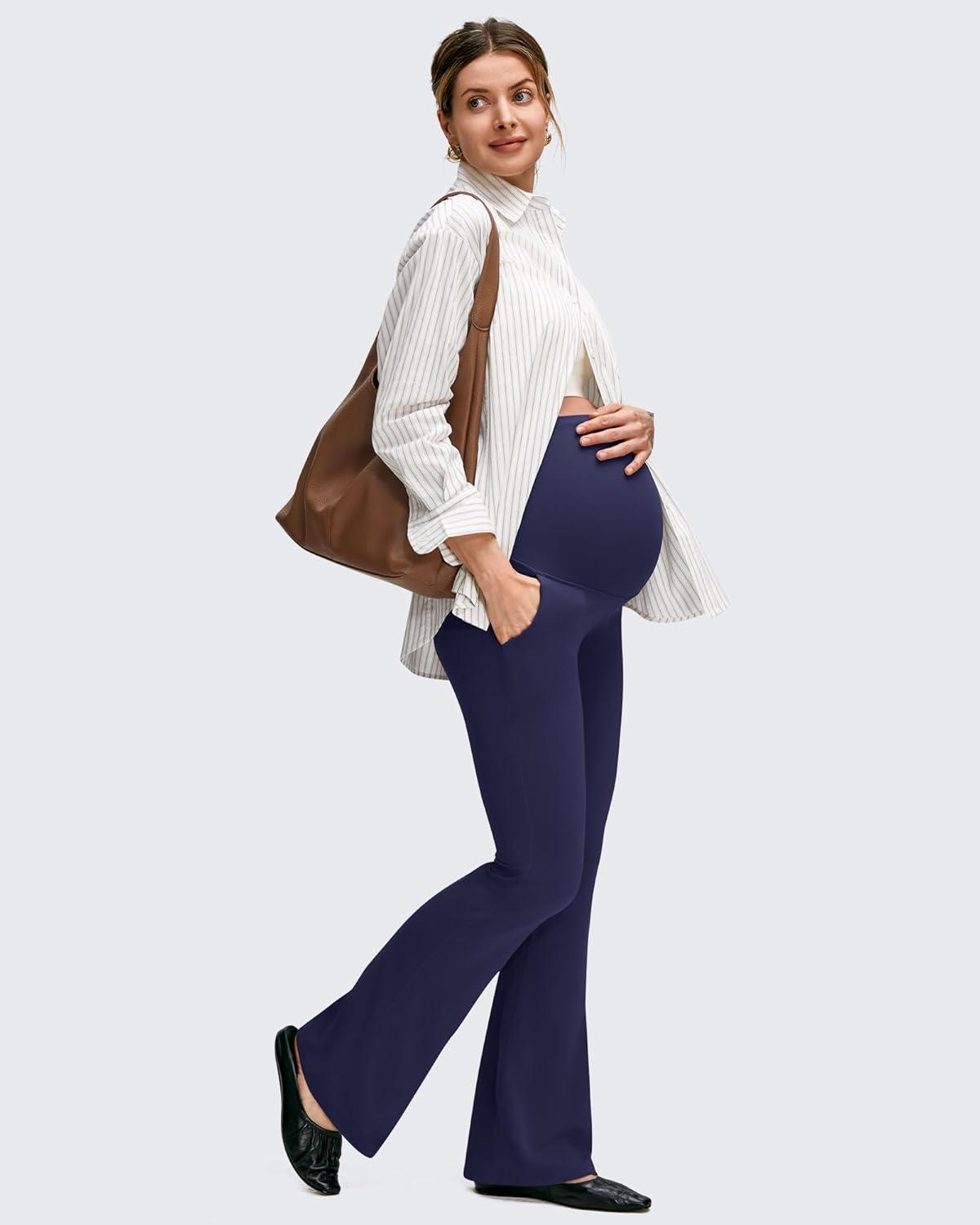 imageG4Free BareFeel Maternity Flare Leggings with Pockets Over The Belly Yoga Pregnancy Casual Dress Pants for WorkRoyal Blue
