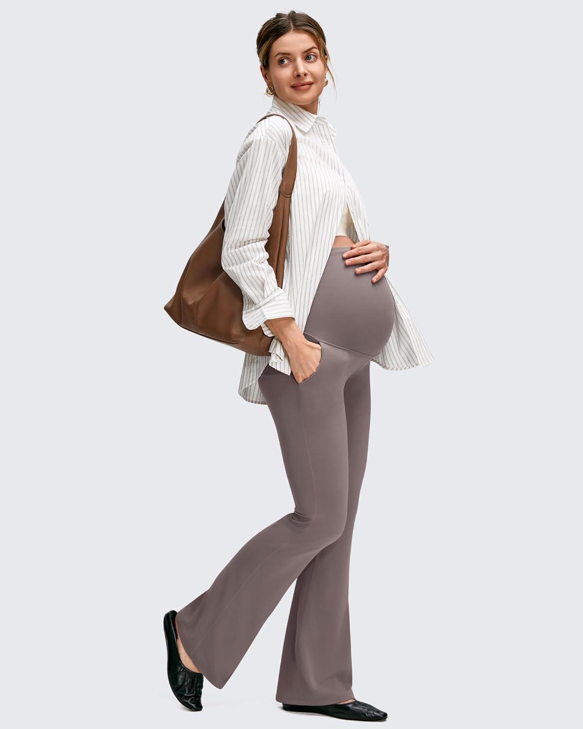 imageG4Free BareFeel Maternity Flare Leggings with Pockets Over The Belly Yoga Pregnancy Casual Dress Pants for WorkTaupe