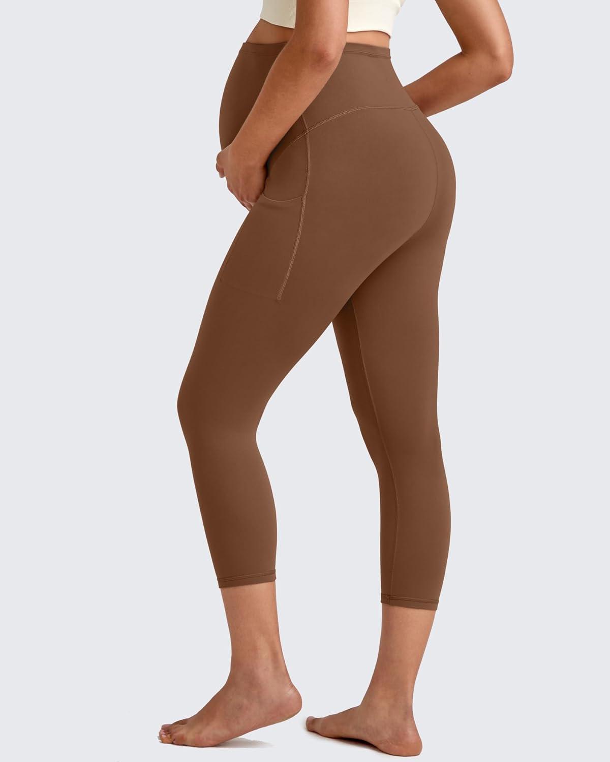 imageG4Free BareFeel Maternity Leggings with Pockets Over The Belly Stretchy Workout Yoga Pregnancy Capri PantsDark Coffee