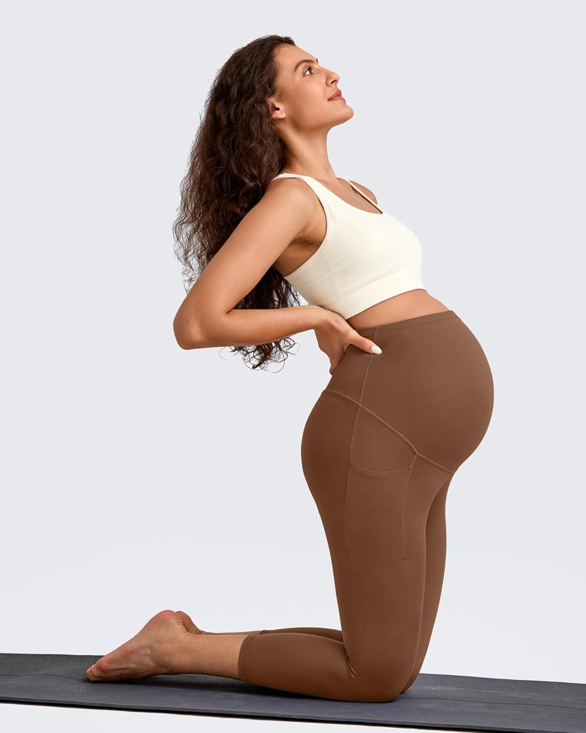 imageG4Free BareFeel Maternity Leggings with Pockets Over The Belly Stretchy Workout Yoga Pregnancy Capri PantsDark Coffee