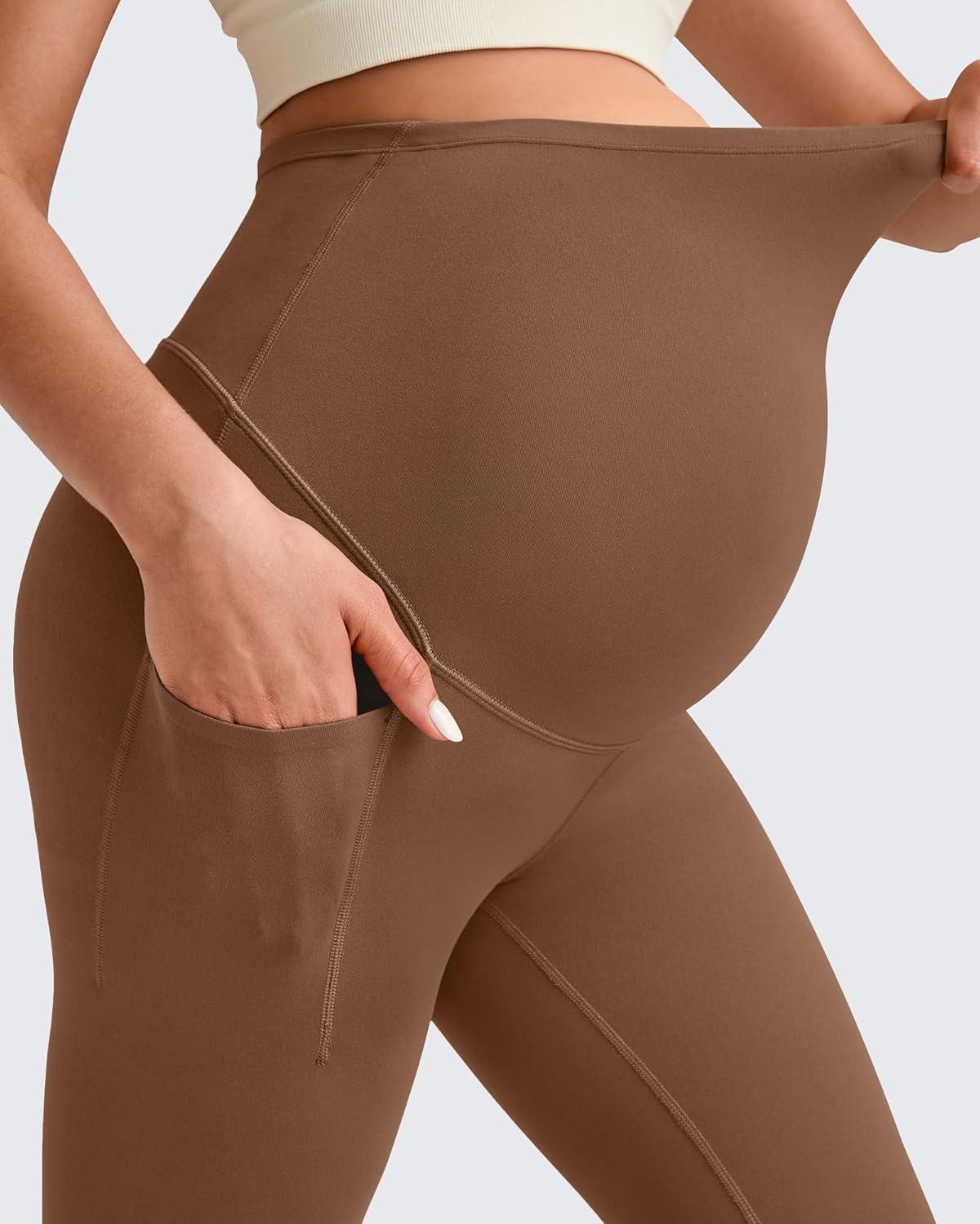 imageG4Free BareFeel Maternity Leggings with Pockets Over The Belly Stretchy Workout Yoga Pregnancy Capri PantsDark Coffee