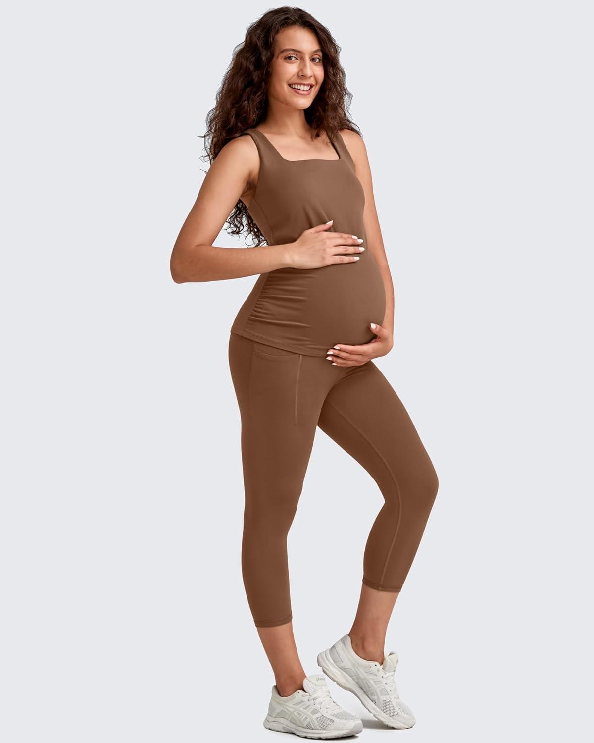 imageG4Free BareFeel Maternity Leggings with Pockets Over The Belly Stretchy Workout Yoga Pregnancy Capri PantsDark Coffee