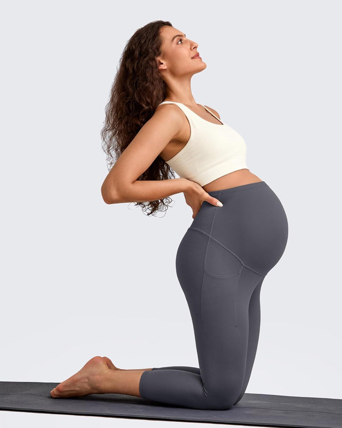 imageG4Free BareFeel Maternity Leggings with Pockets Over The Belly Stretchy Workout Yoga Pregnancy Capri PantsDark Gray