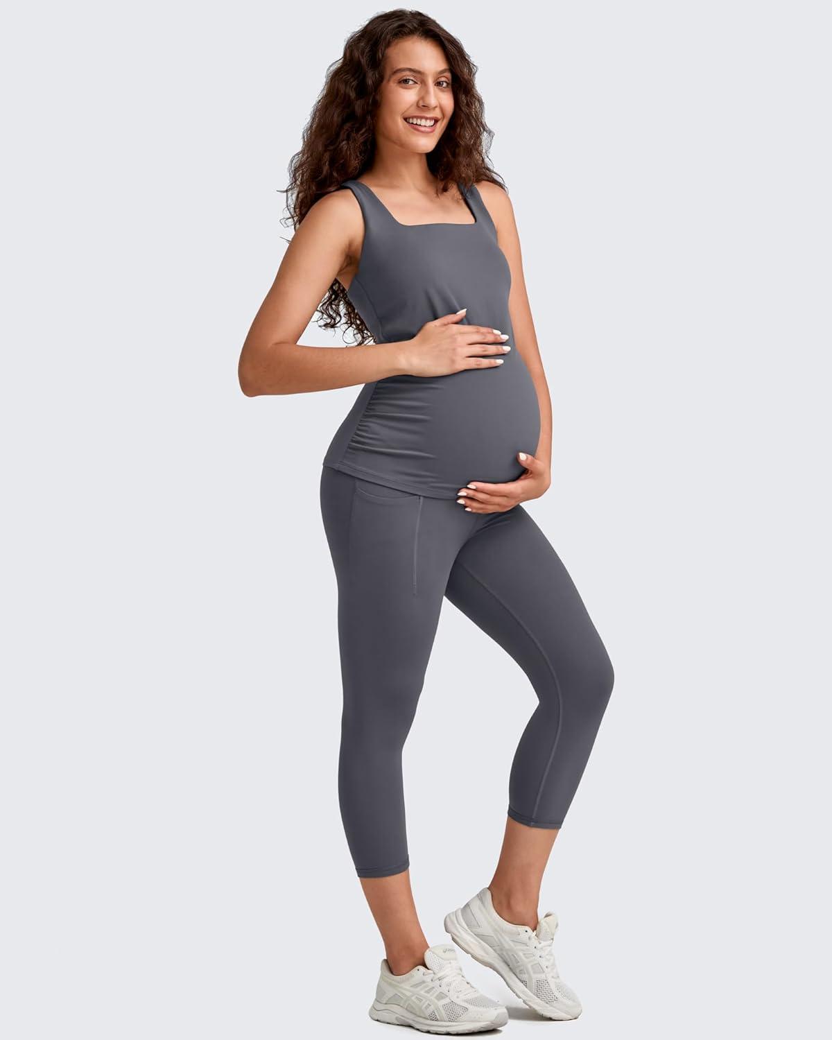 imageG4Free BareFeel Maternity Leggings with Pockets Over The Belly Stretchy Workout Yoga Pregnancy Capri PantsDark Gray
