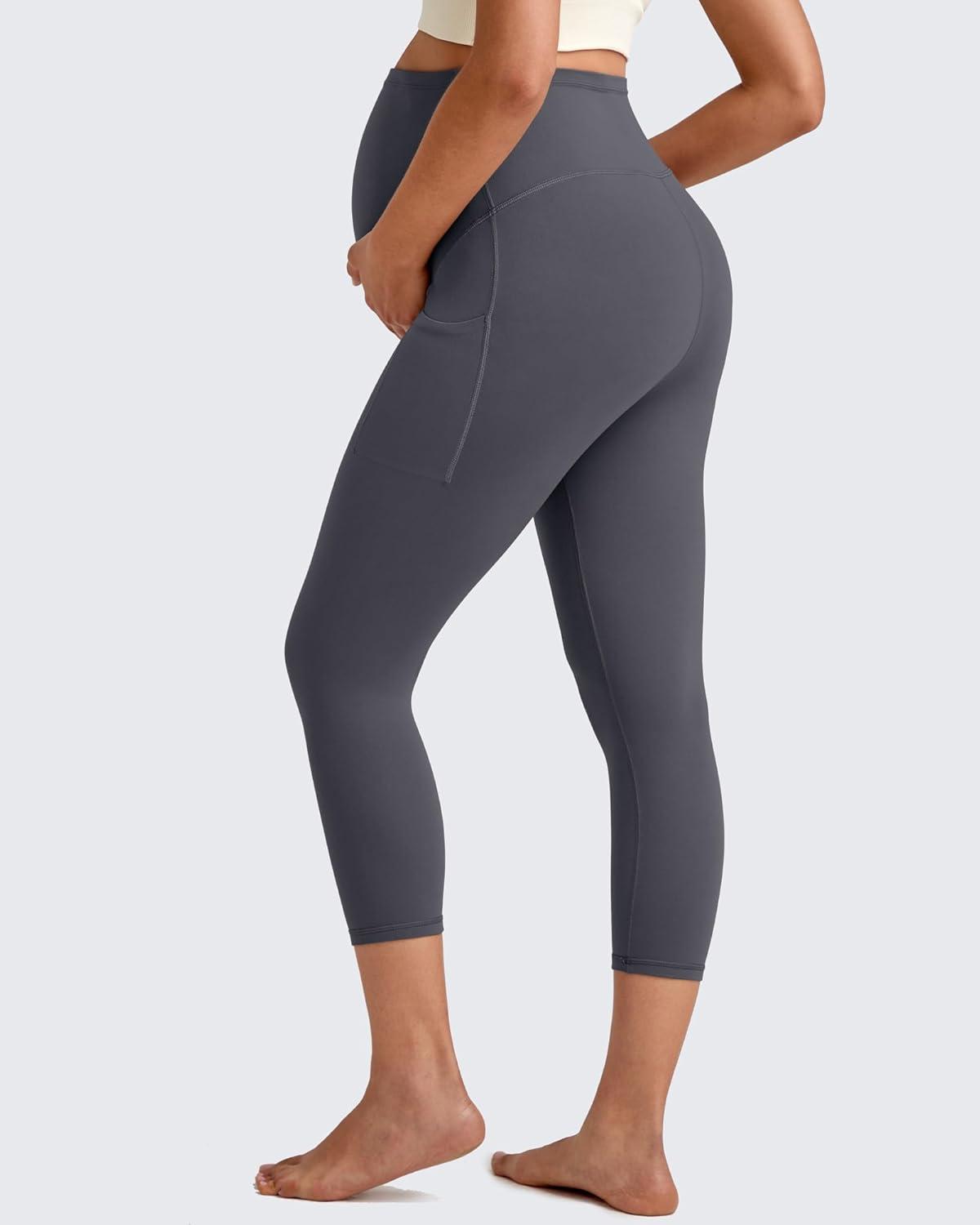 imageG4Free BareFeel Maternity Leggings with Pockets Over The Belly Stretchy Workout Yoga Pregnancy Capri PantsDark Gray
