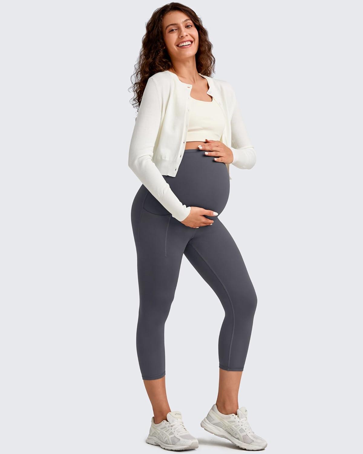 imageG4Free BareFeel Maternity Leggings with Pockets Over The Belly Stretchy Workout Yoga Pregnancy Capri PantsDark Gray