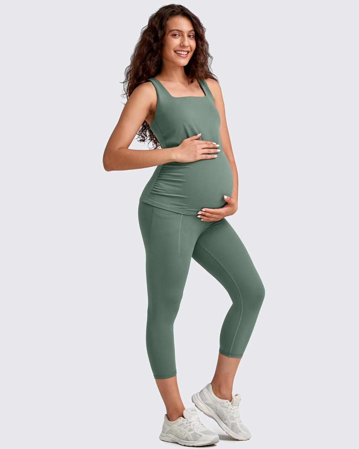 imageG4Free BareFeel Maternity Leggings with Pockets Over The Belly Stretchy Workout Yoga Pregnancy Capri PantsGray Sage