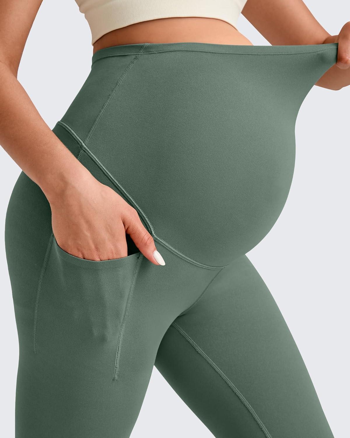 imageG4Free BareFeel Maternity Leggings with Pockets Over The Belly Stretchy Workout Yoga Pregnancy Capri PantsGray Sage