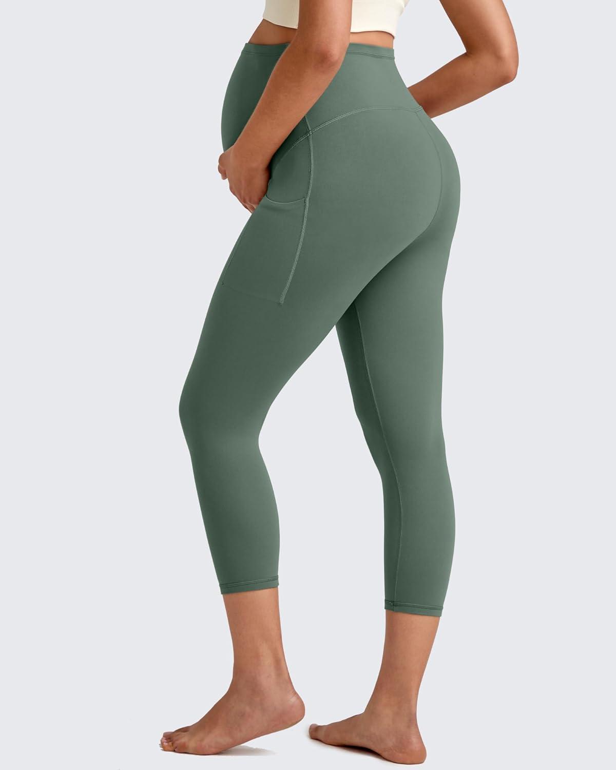 imageG4Free BareFeel Maternity Leggings with Pockets Over The Belly Stretchy Workout Yoga Pregnancy Capri PantsGray Sage