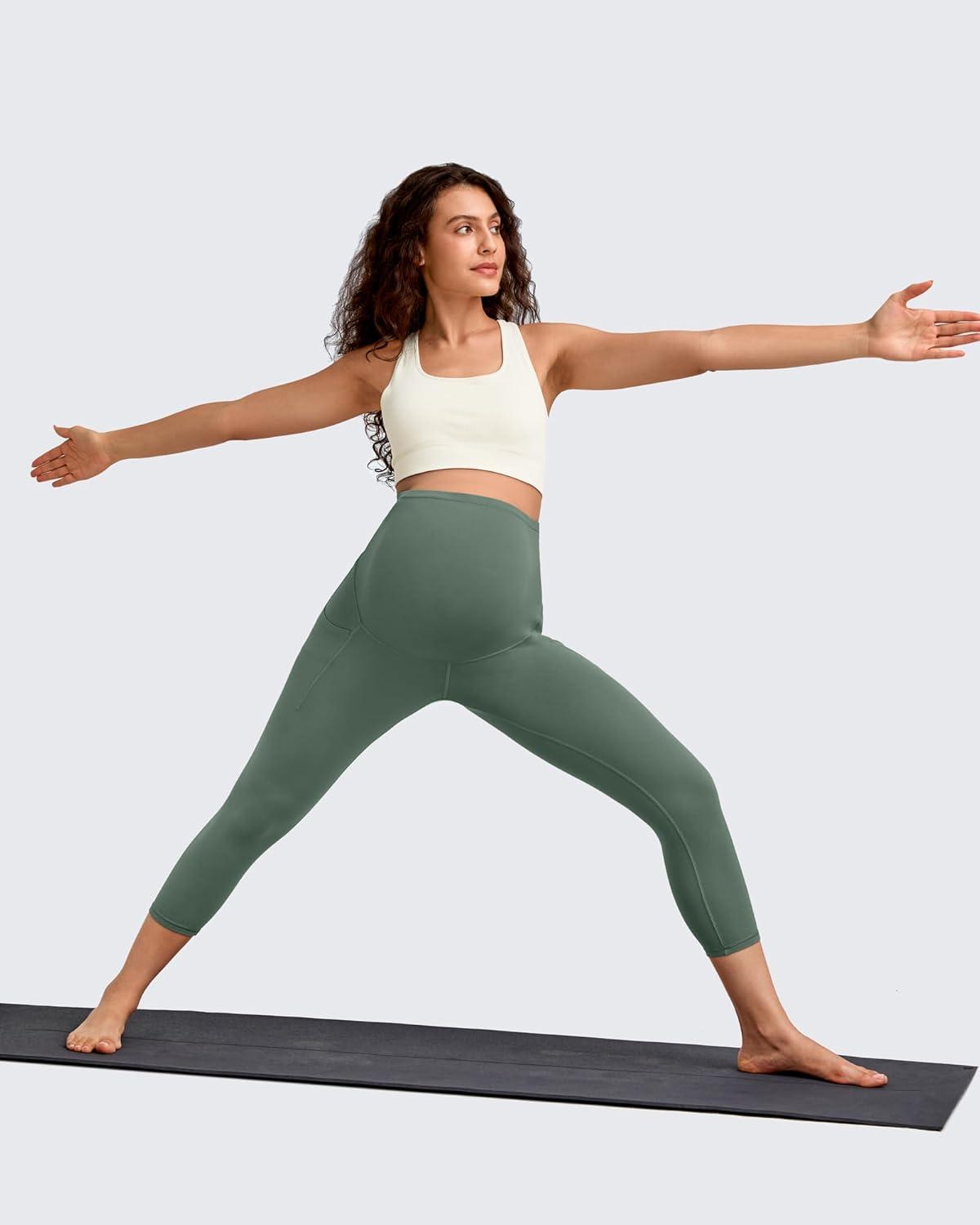 imageG4Free BareFeel Maternity Leggings with Pockets Over The Belly Stretchy Workout Yoga Pregnancy Capri PantsGray Sage