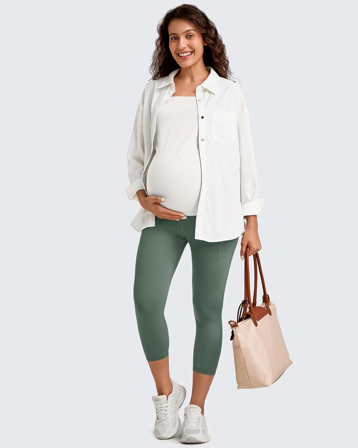 imageG4Free BareFeel Maternity Leggings with Pockets Over The Belly Stretchy Workout Yoga Pregnancy Capri PantsGray Sage