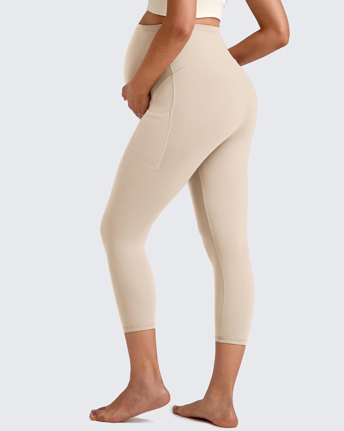 imageG4Free BareFeel Maternity Leggings with Pockets Over The Belly Stretchy Workout Yoga Pregnancy Capri PantsLight Khaki