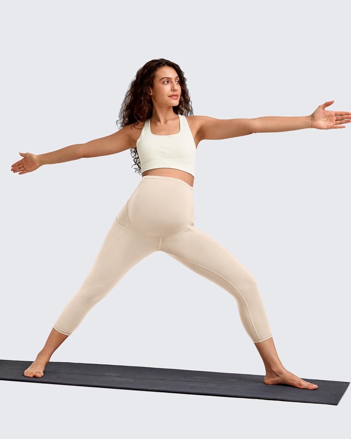 imageG4Free BareFeel Maternity Leggings with Pockets Over The Belly Stretchy Workout Yoga Pregnancy Capri PantsLight Khaki