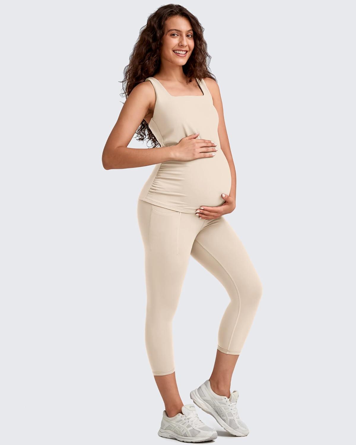 imageG4Free BareFeel Maternity Leggings with Pockets Over The Belly Stretchy Workout Yoga Pregnancy Capri PantsLight Khaki