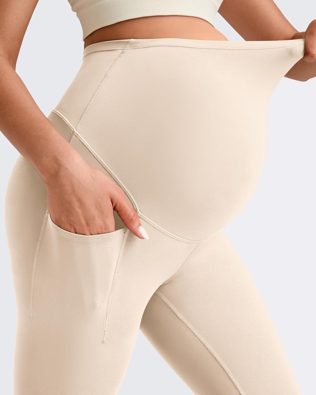 imageG4Free BareFeel Maternity Leggings with Pockets Over The Belly Stretchy Workout Yoga Pregnancy Capri PantsLight Khaki