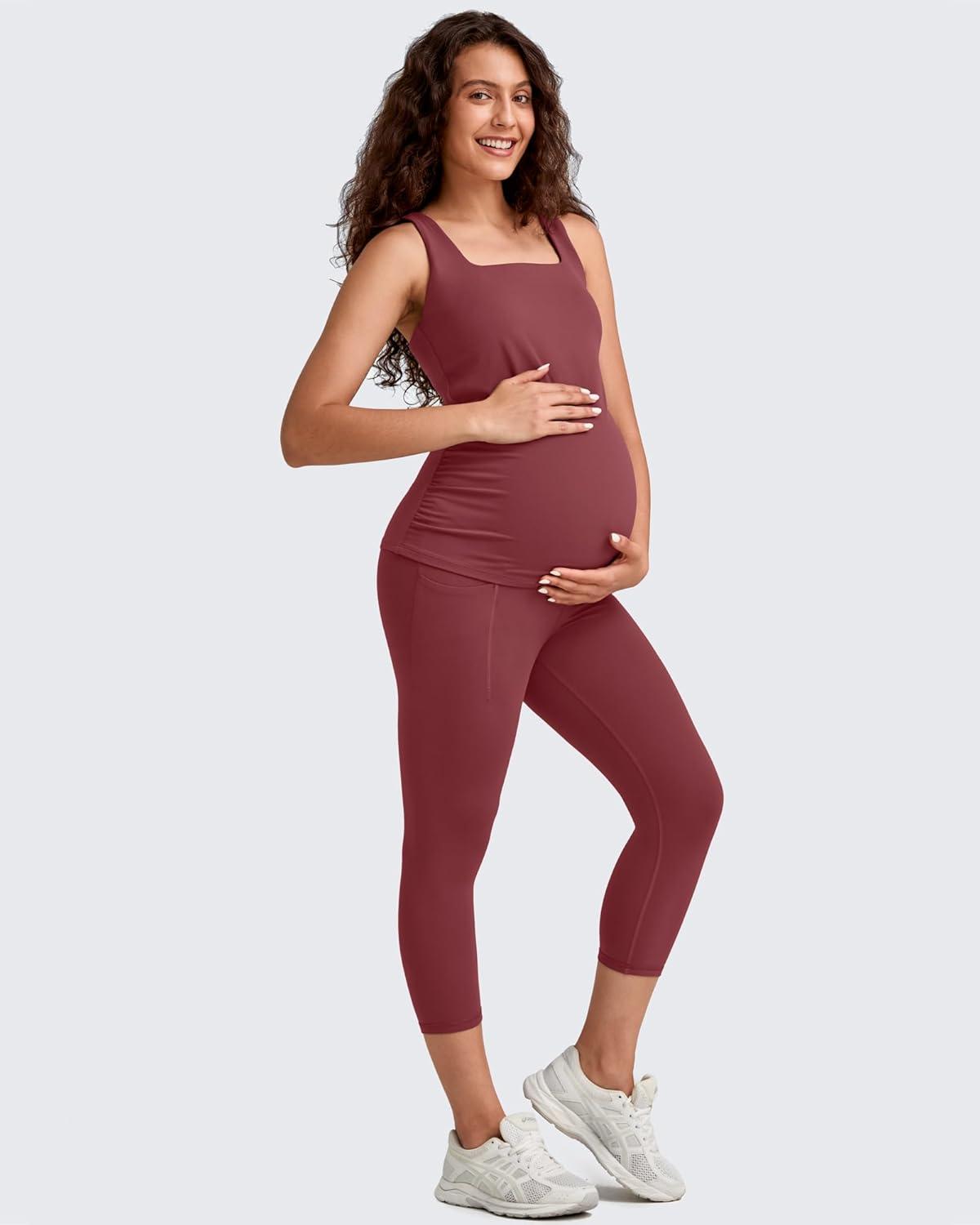 imageG4Free BareFeel Maternity Leggings with Pockets Over The Belly Stretchy Workout Yoga Pregnancy Capri PantsRed