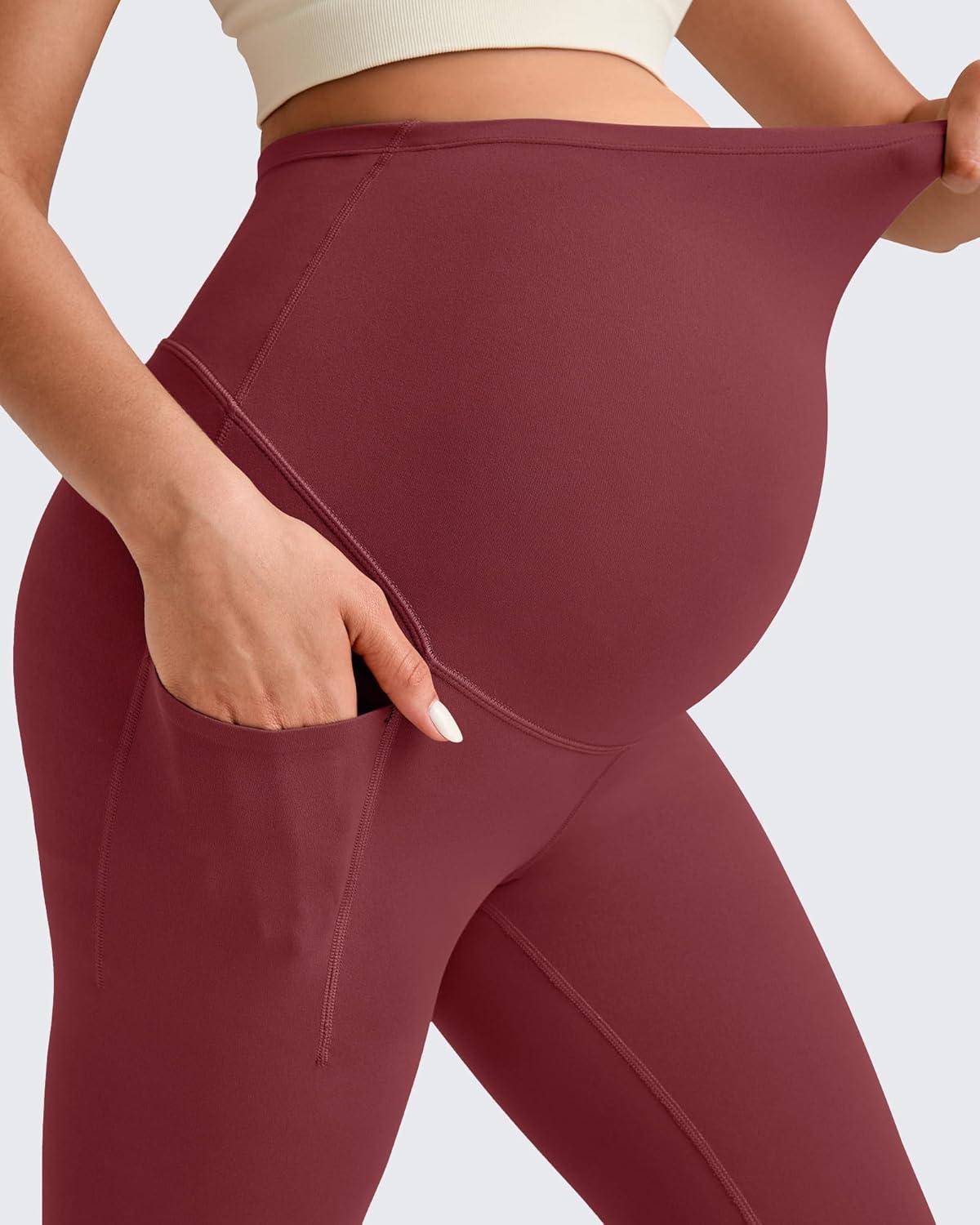imageG4Free BareFeel Maternity Leggings with Pockets Over The Belly Stretchy Workout Yoga Pregnancy Capri PantsRed