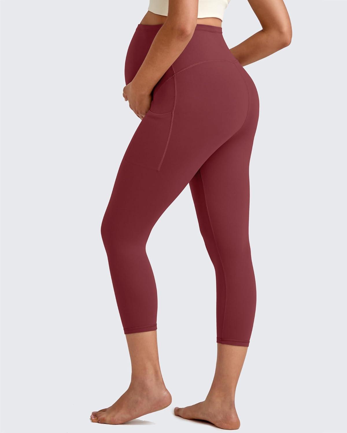 imageG4Free BareFeel Maternity Leggings with Pockets Over The Belly Stretchy Workout Yoga Pregnancy Capri PantsRed